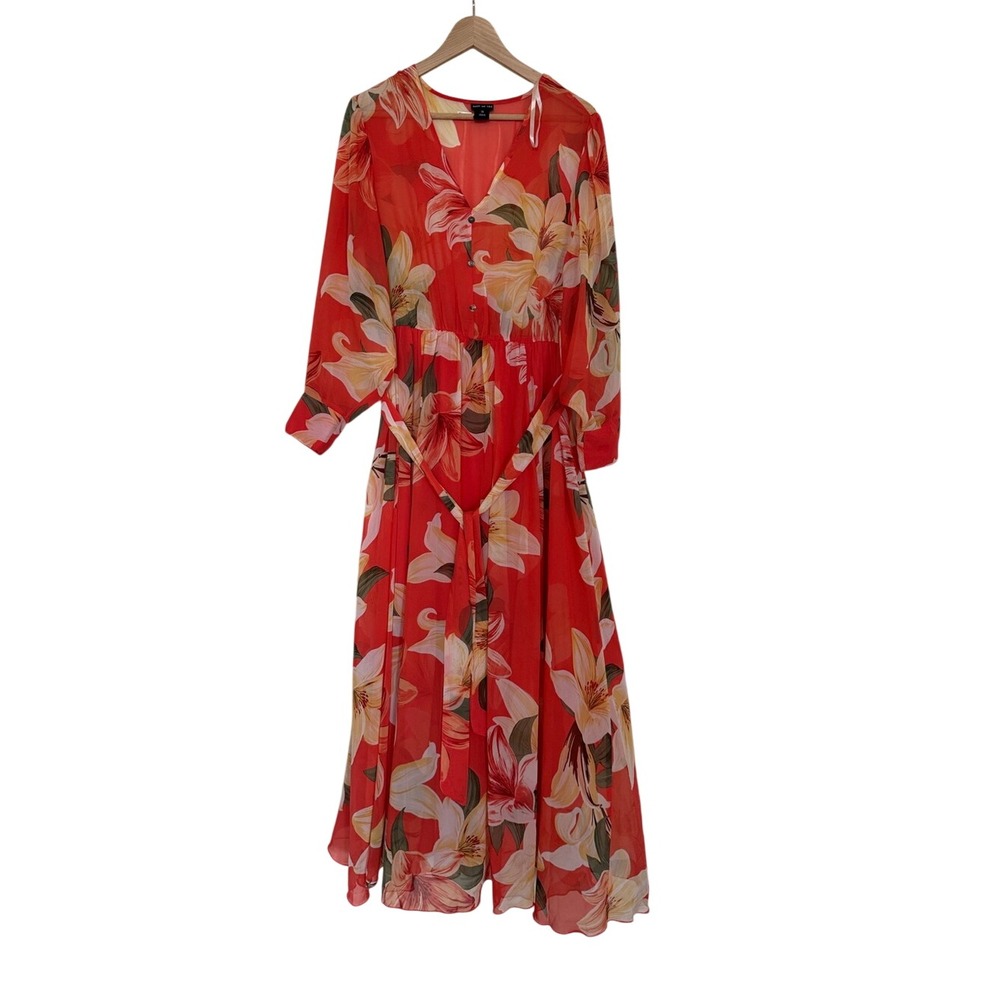 Kate and Lily Floral Maxi Dress Size 14 Coral Chiffon Long Sleeve Tie Waist